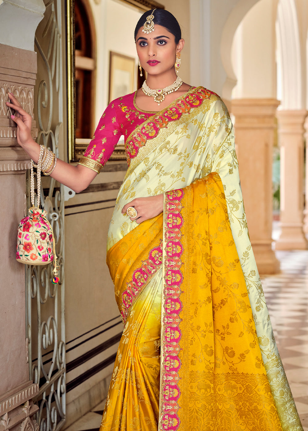 Buy MySilkLove Raffia White and Yellow Zari Woven Designer Banarasi Saree Online