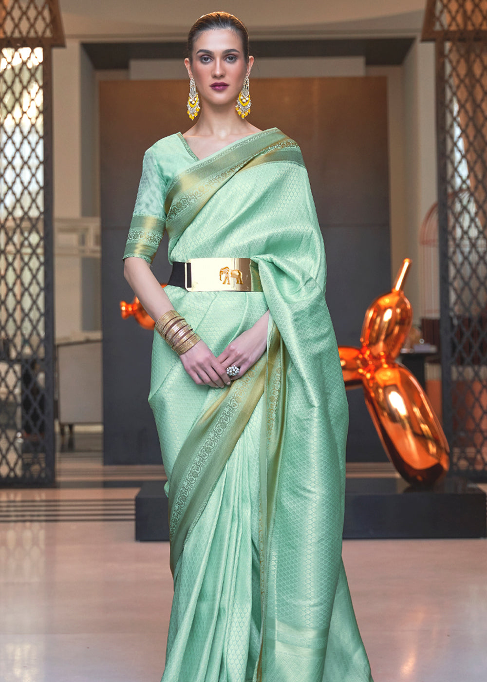 Buy MySilkLove Fringy Flower Green Woven Banarasi Silk Saree Online