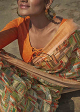 Green Smoke and Orange Printed Cotton Saree