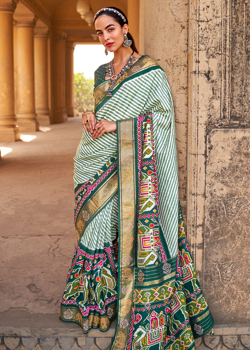 Buy MySilkLove Casal White and Green Zari Woven Patola Saree Online