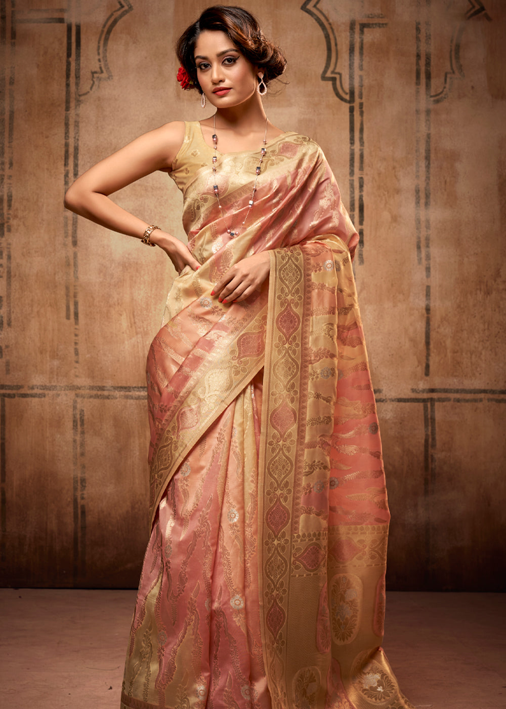 Buy MySilkLove Flesh Peach Zari Woven Banarasi Organza Saree Online