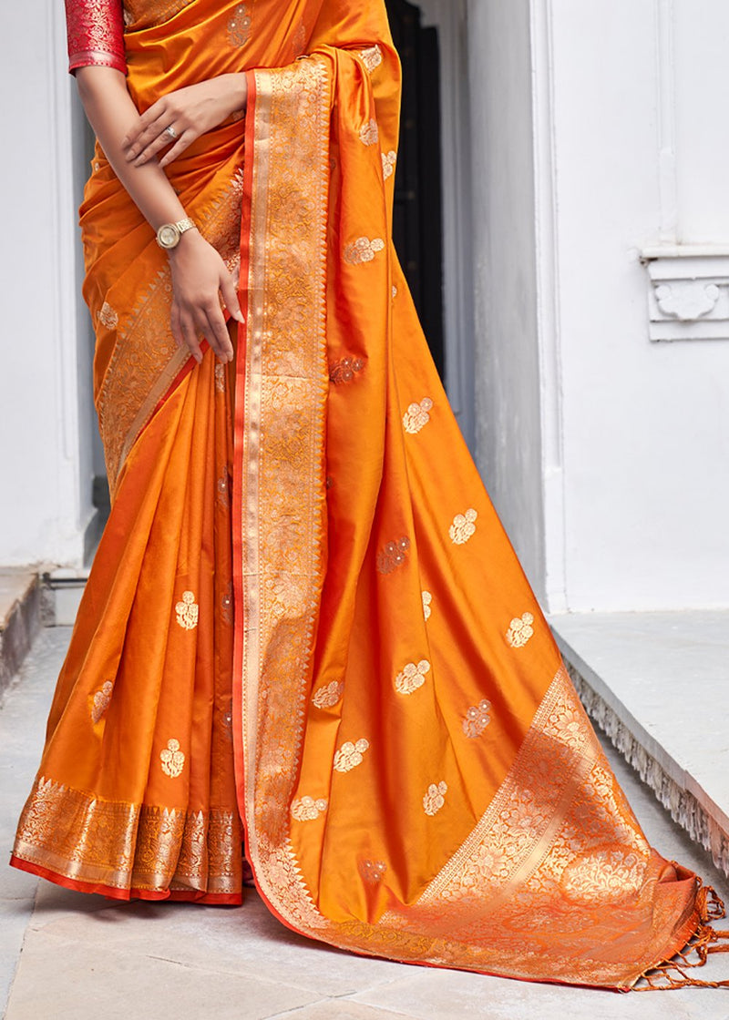 Neon Orange Zari Woven Banarasi Silk Saree