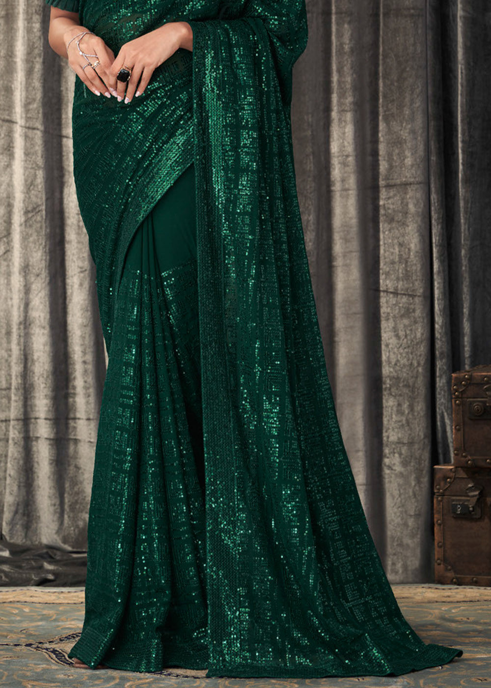 Buy MySilkLove Gable Green Sequins Embroidered Designer Georgette Saree Online