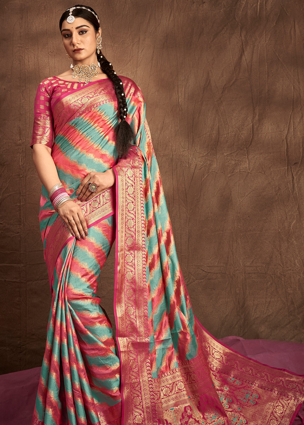 Buy MySilkLove Brick Pink and Blue Woven Rangkath Banarasi Silk Saree Online