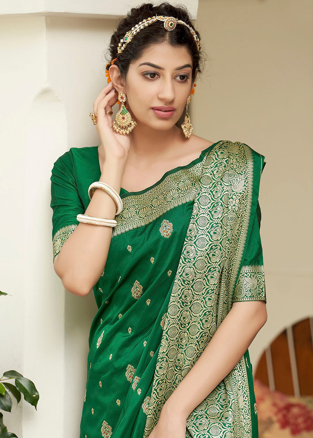 Buy MySilkLove Green Pea Zari Woven Banarasi Silk Saree with Butti Work Online