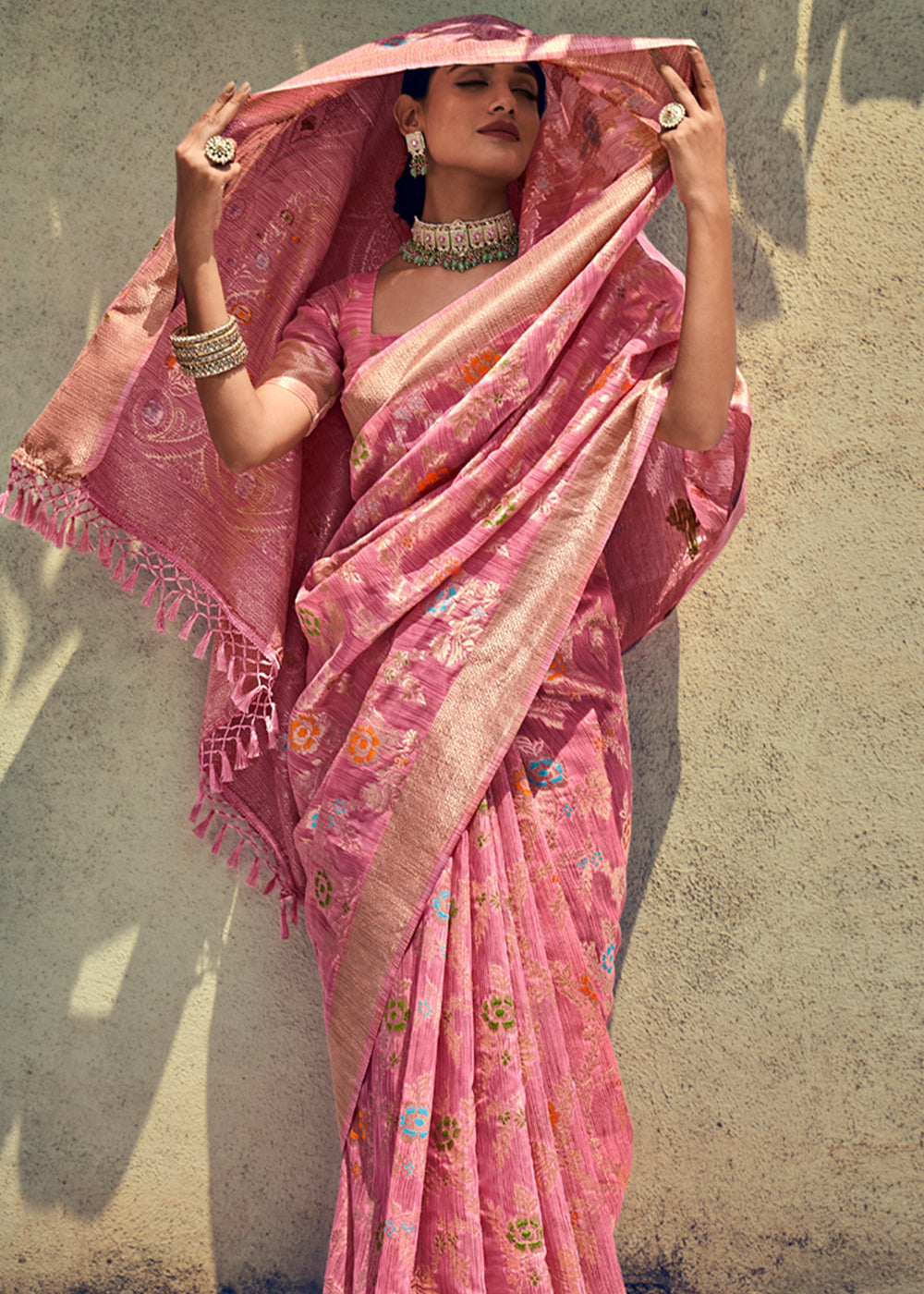 Buy MySilkLove Cornflower Pink Zari Woven Banarasi Linen Saree Online