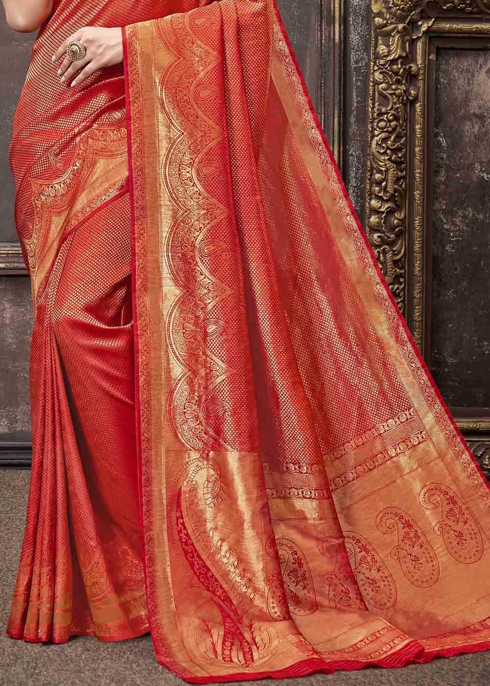 Buy MySilkLove Bean Red Zari Woven Tissue Kanjivaram Saree Online