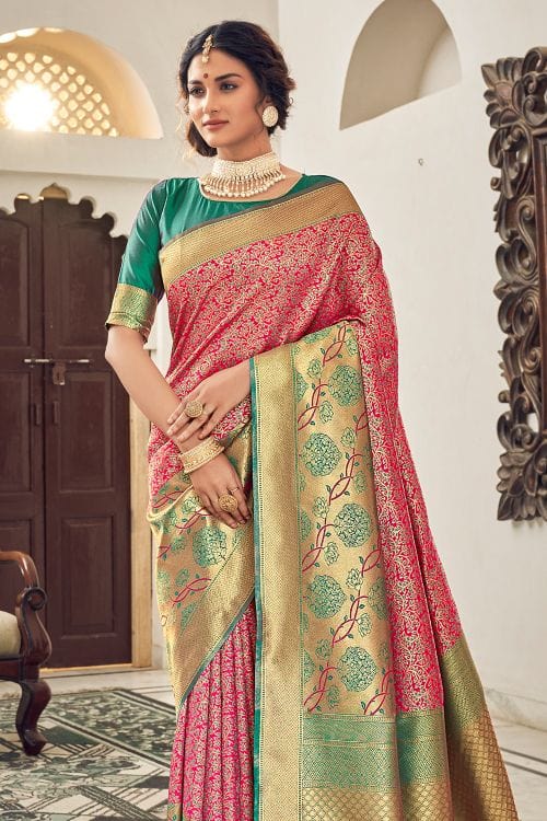 Buy MySilkLove Gerald Pink and Green Zari Woven Banarasi Saree Online