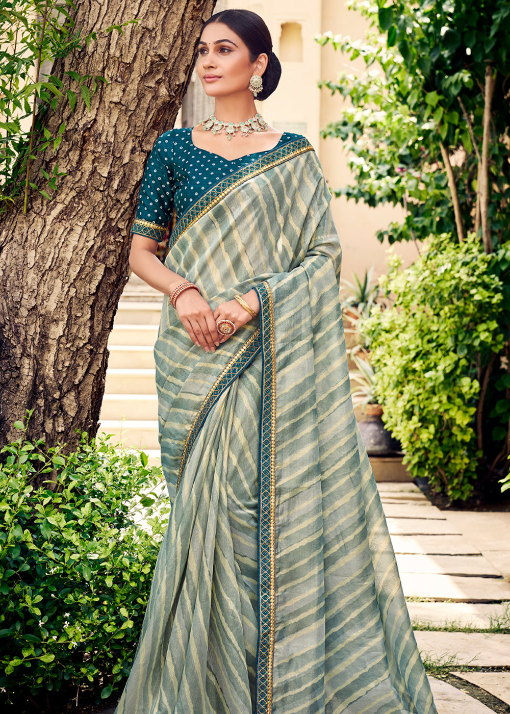 Buy MySilkLove Chathams Blue Digital Printed Lehriya Silk Saree Online