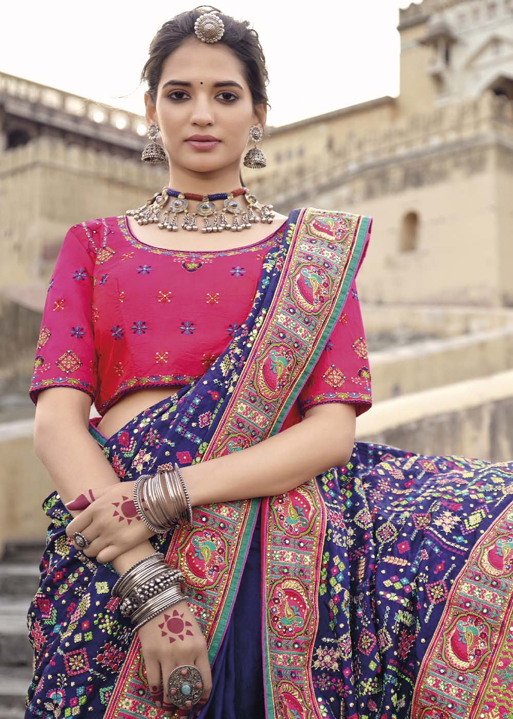 MySilkLove Bossanova Purple and Pink Banarasi Saree with Kachhi,Mirror and Diamond Work
