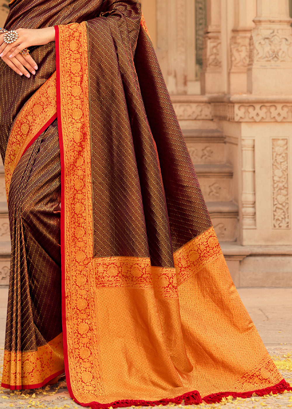 Buy MySilkLove Brown Derby and Red Zari Woven Kanjivaram Saree Online