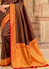 Brown Derby and Red Zari Woven Kanjivaram Saree