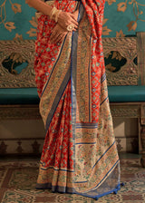 Cinnabar Red and Blue Woven Patola Silk Saree