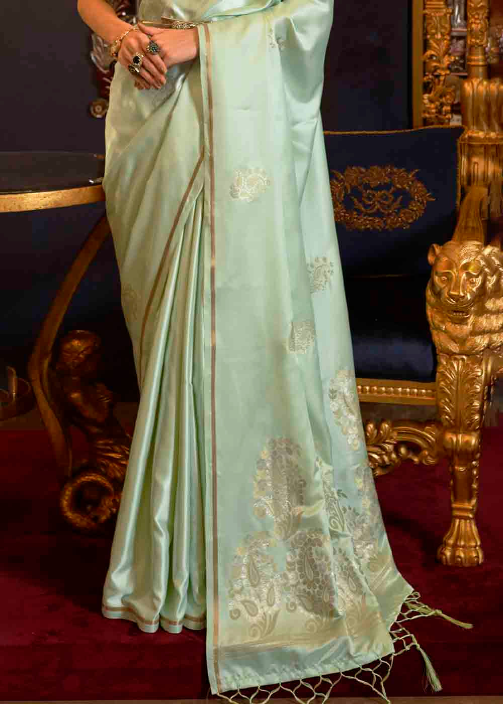 Buy MySilkLove Pale Leaf Green Zari Woven Banarasi Satin Silk Saree Online