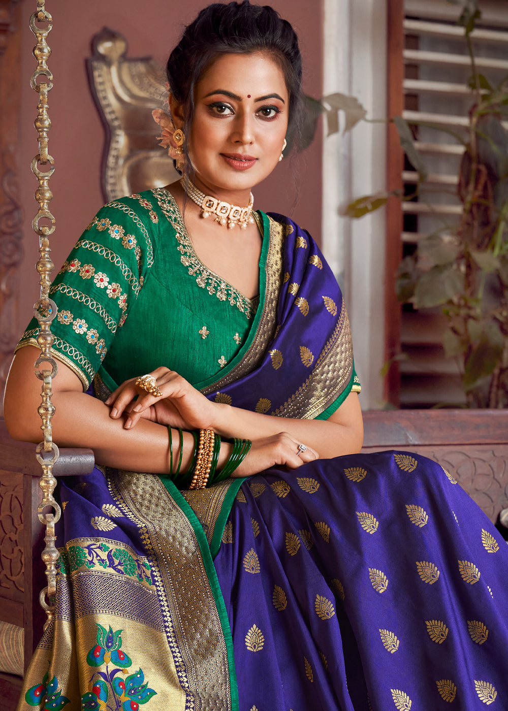 Buy MySilkLove Midnight Blue and Green Zari Woven Banarasi Brocade Saree Online