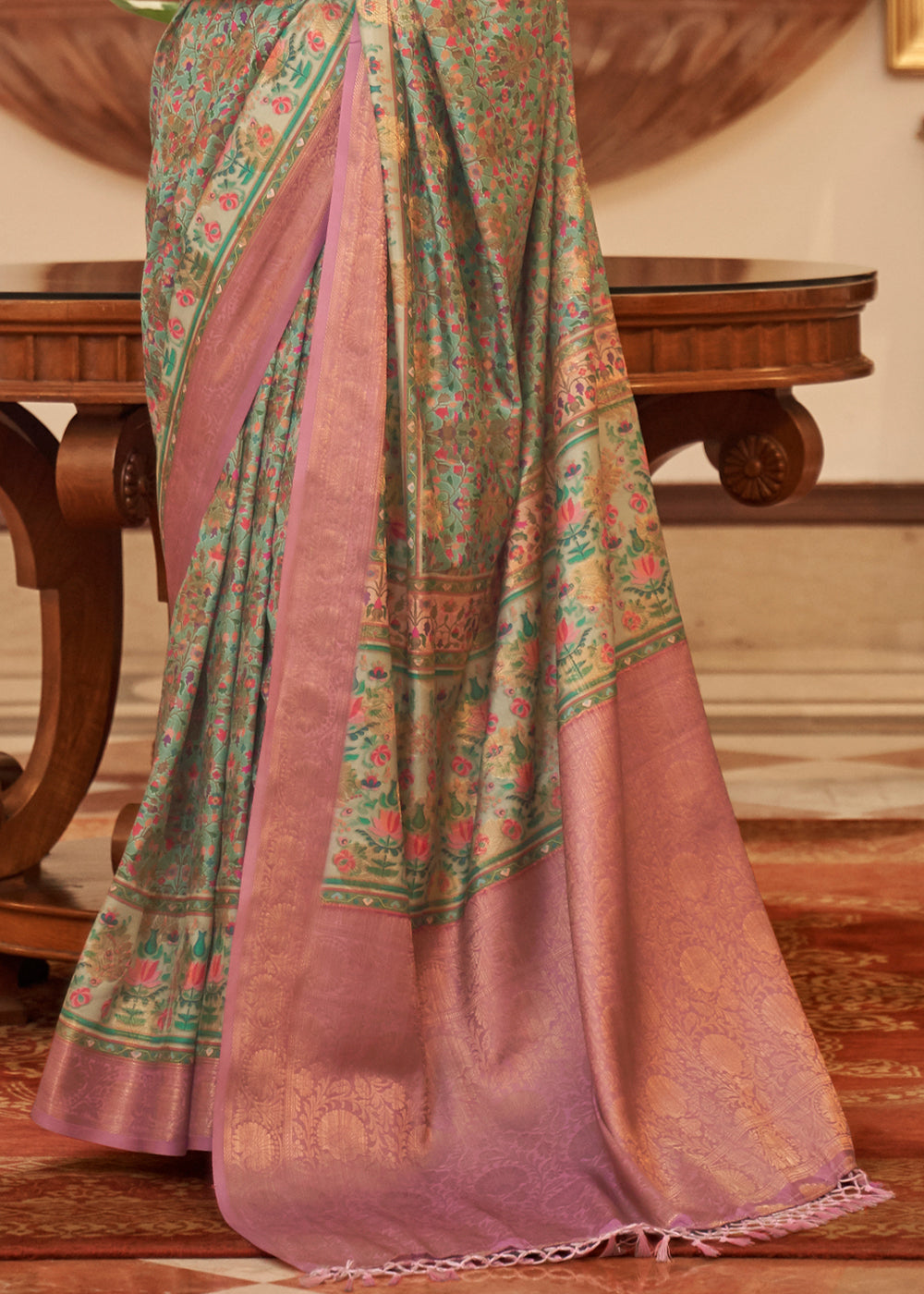 Buy MySilkLove Battleship Green and Pink Banarasi Digital Printed Kanni Silk Saree Online