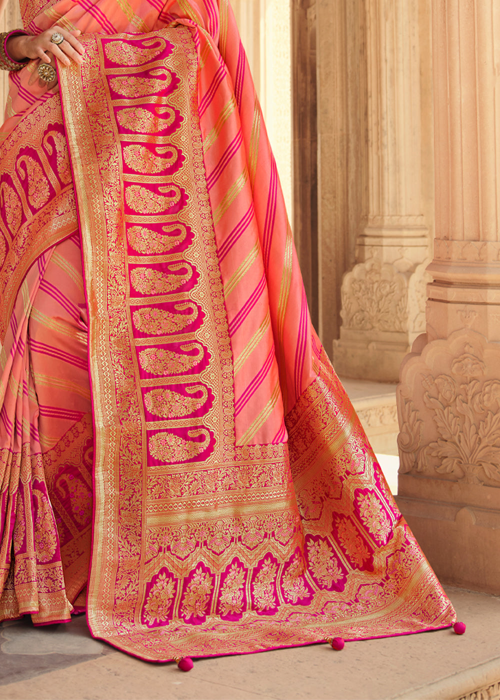 Buy MySilkLove Salmon Pink and Orange Zari Woven Striped Banarasi Saree with Designer Blouse Online