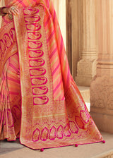 Salmon Pink and Orange Zari Woven Striped Banarasi Saree with Designer Blouse