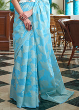 Aqua Blue Lucknowi Chikankari Woven Saree