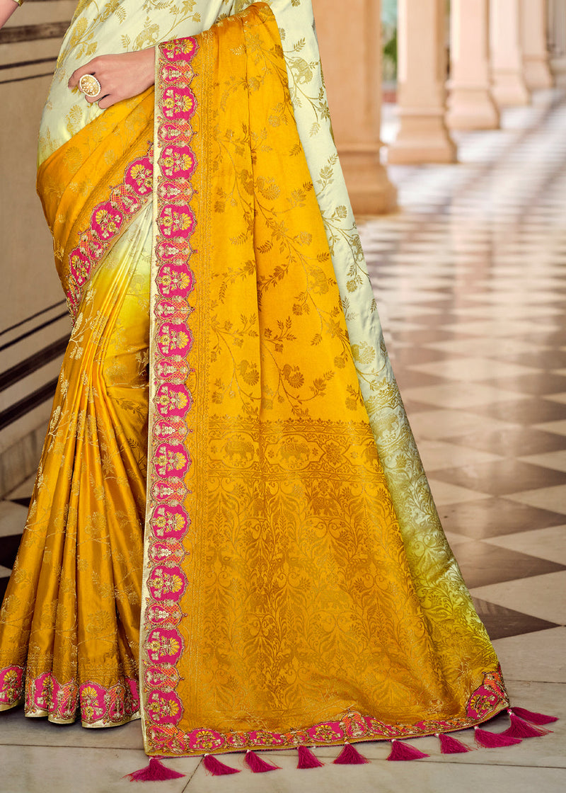 Raffia White and Yellow Zari Woven Designer Banarasi Saree