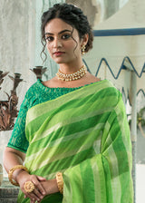 Cucumber Green Zari Woven Striped Linen Saree