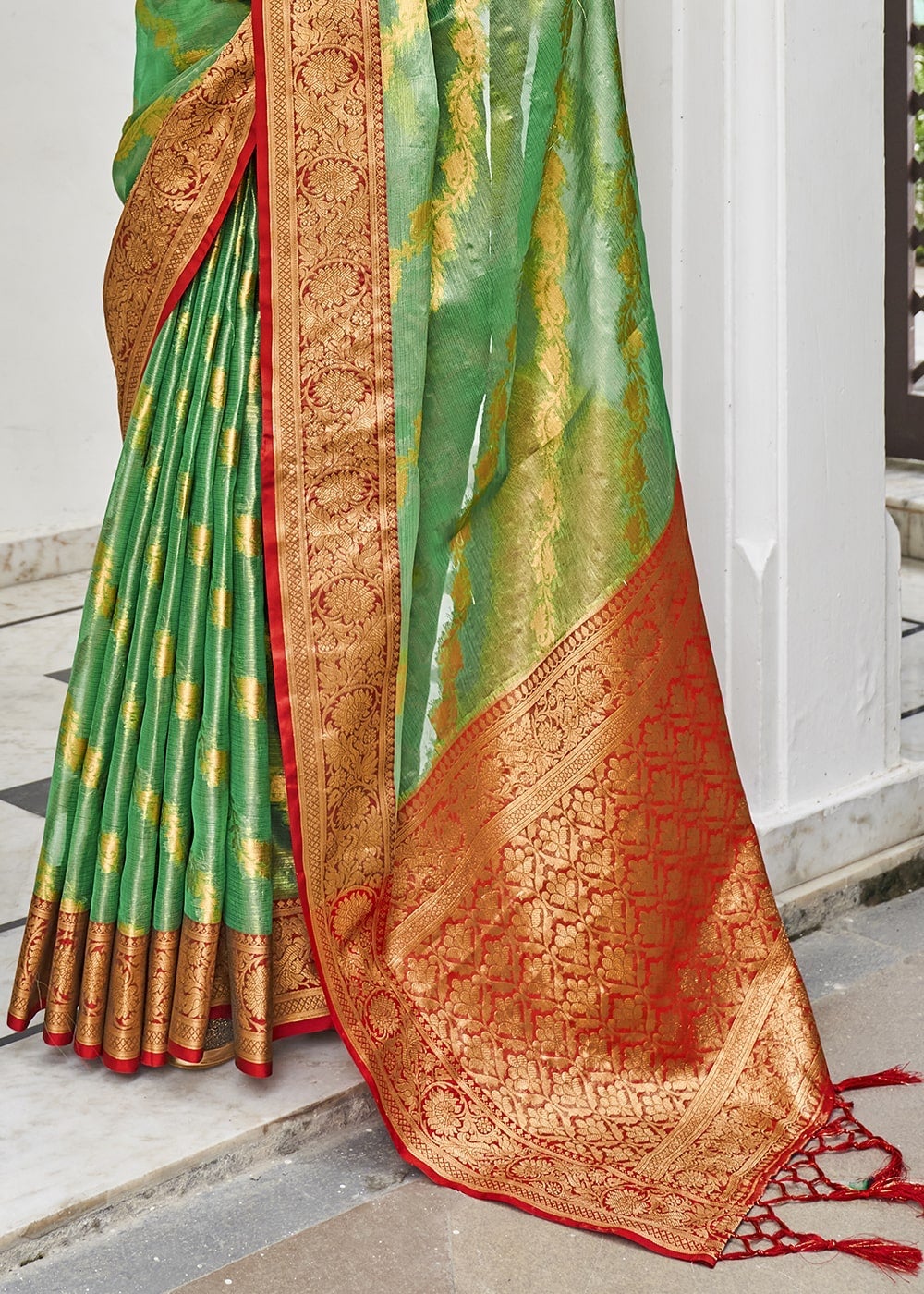 Buy MySilkLove Hippie Green and Red Zari Woven Organza Tissue Silk Saree Online