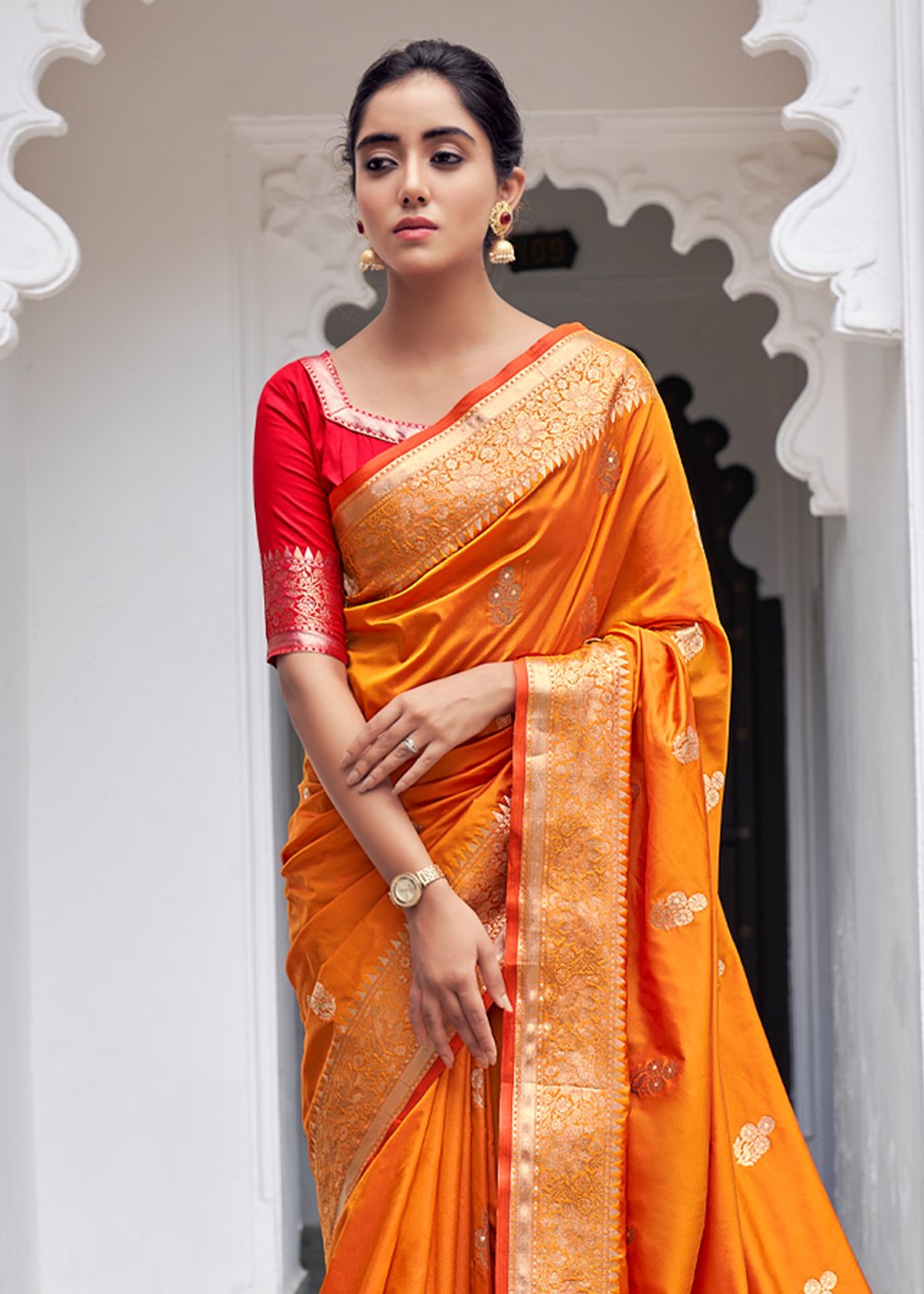 Buy MySilkLove Neon Orange Zari Woven Banarasi Silk Saree Online
