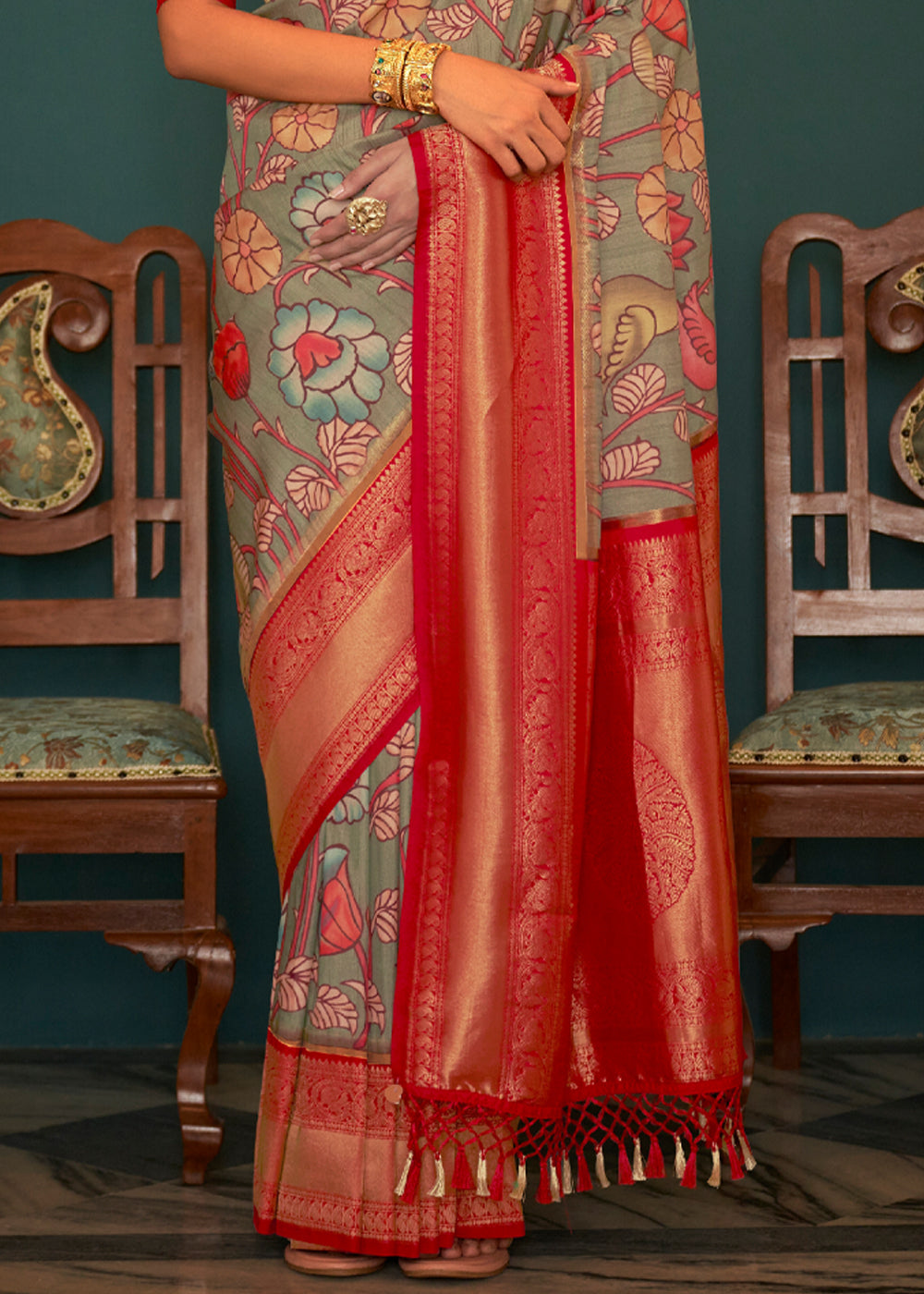 Buy MySilkLove Norway Grey and Red Woven Banarasi Tussar Silk Kalamkari Saree Online