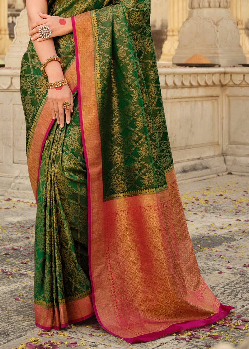 Thatch Green & Pink Zari Woven Kanjivaram Saree