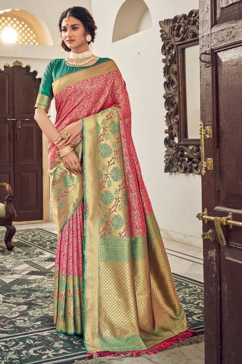 Buy MySilkLove Gerald Pink and Green Zari Woven Banarasi Saree Online