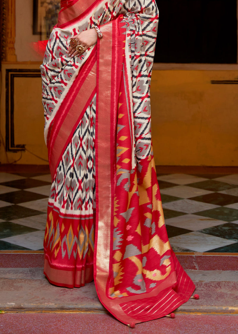 Wafer White and Red Patola Silk Saree