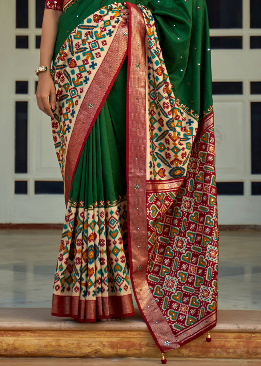 Buy MySilkLove Jewel Green and Red Woven Patola Silk Saree Online