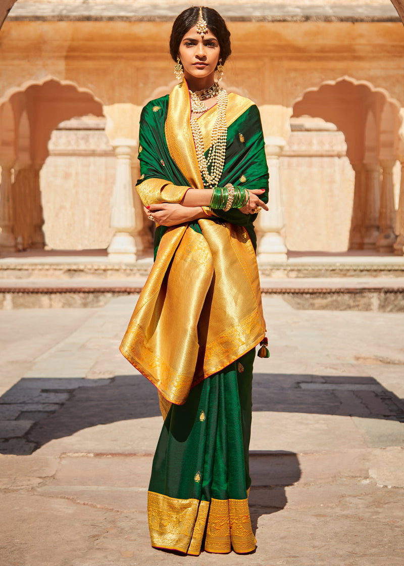 Goblin Green and Yellow Zari Woven Designer Banarasi Saree