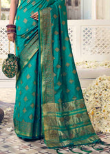 Fountain Blue Handloom Woven Banarasi Raw Silk Saree