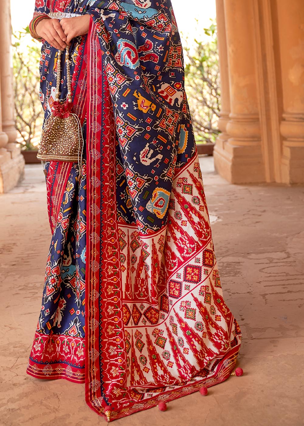 Buy MySilkLove Mulled Wine Blue and Red Printed Patola Saree Online