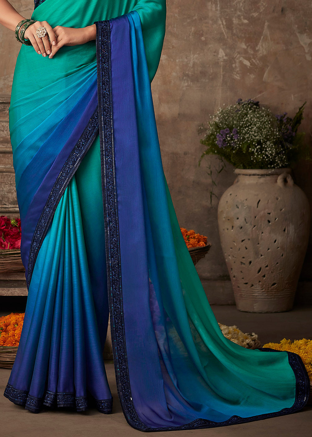 Buy MySilkLove Tradewind Blue Embroidered Designer Saree Online