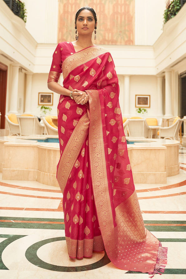 Buy MySilkLove Chestnut Red Zari Woven Organza Silk Saree Online