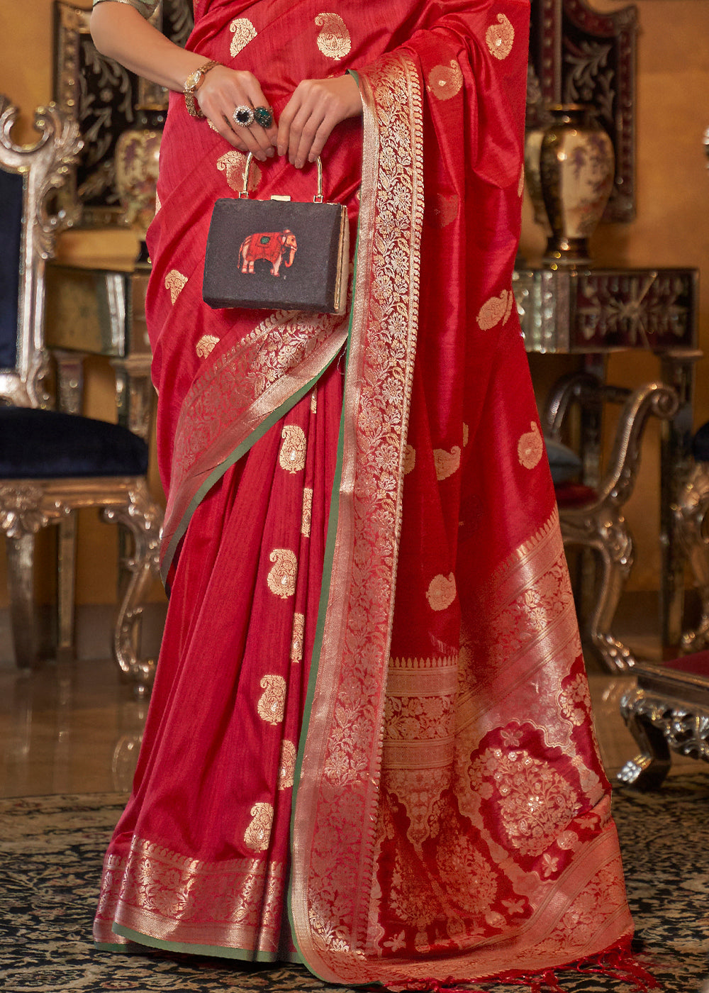 Buy MySilkLove Mexican Red and Green Zari Woven Tussar Saree Online