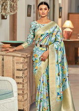 Spring Rain Blue Digital Printed Banarasi Saree