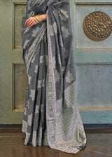 Sparrow Grey Lucknowi Woven Chikankari Saree