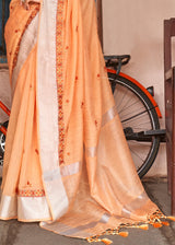 Flesh Orange Floral Embroidered Linen Saree