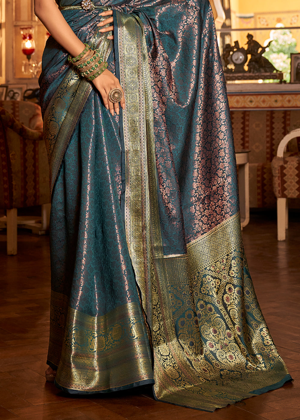 Buy MySilkLove Outer Space Blueish Green Bronze Zari Woven Kanjivaram Saree Online