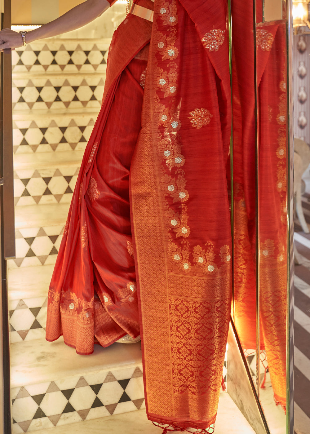 Buy MySilkLove Cognac Red Zari Woven Tussar Silk Saree Online