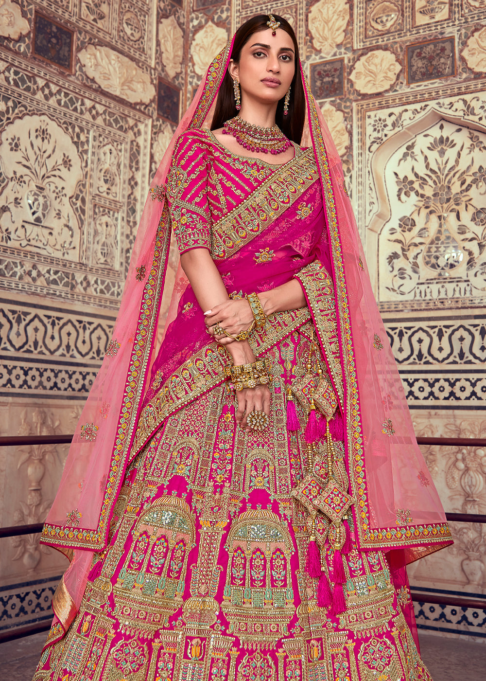 Buy MySilkLove Brick Pink Heavy Embroidered Designer Lehenga Online