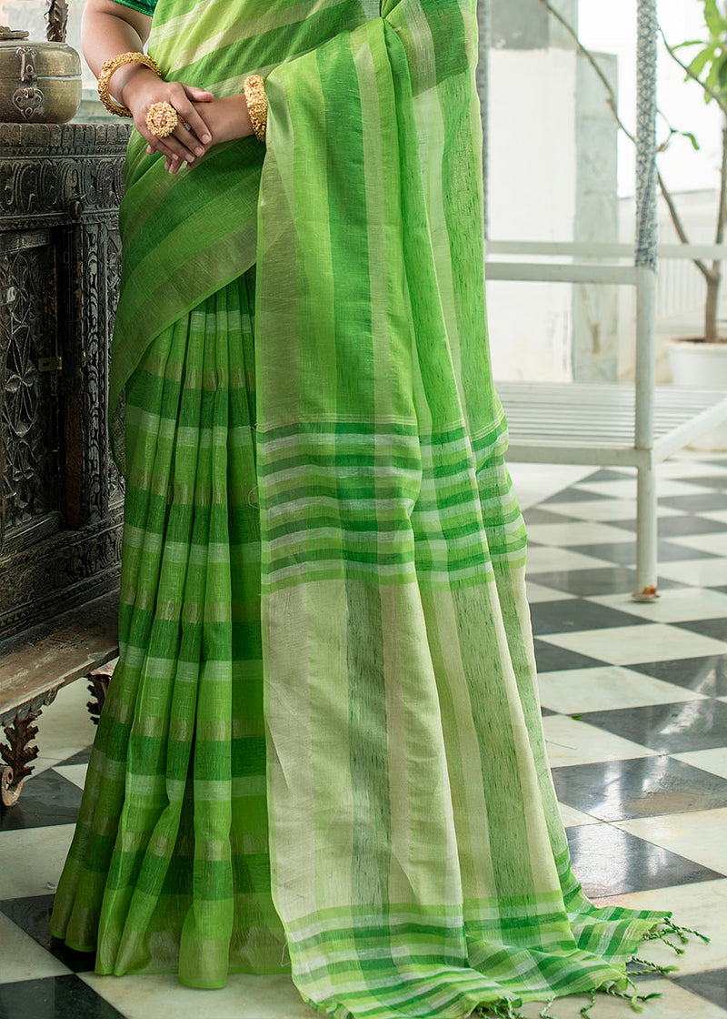 Cucumber Green Zari Woven Striped Linen Saree