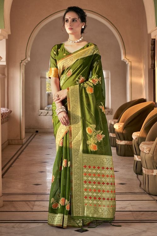 Buy MySilkLove Crete Green Organza Saree Online