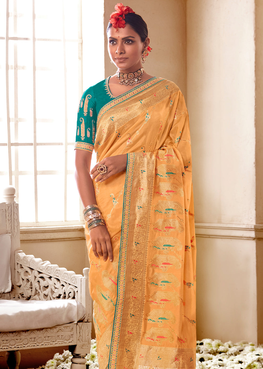 Buy MySilkLove Sandy Orange and Green Banarasi Saree with Designer Blouse Online