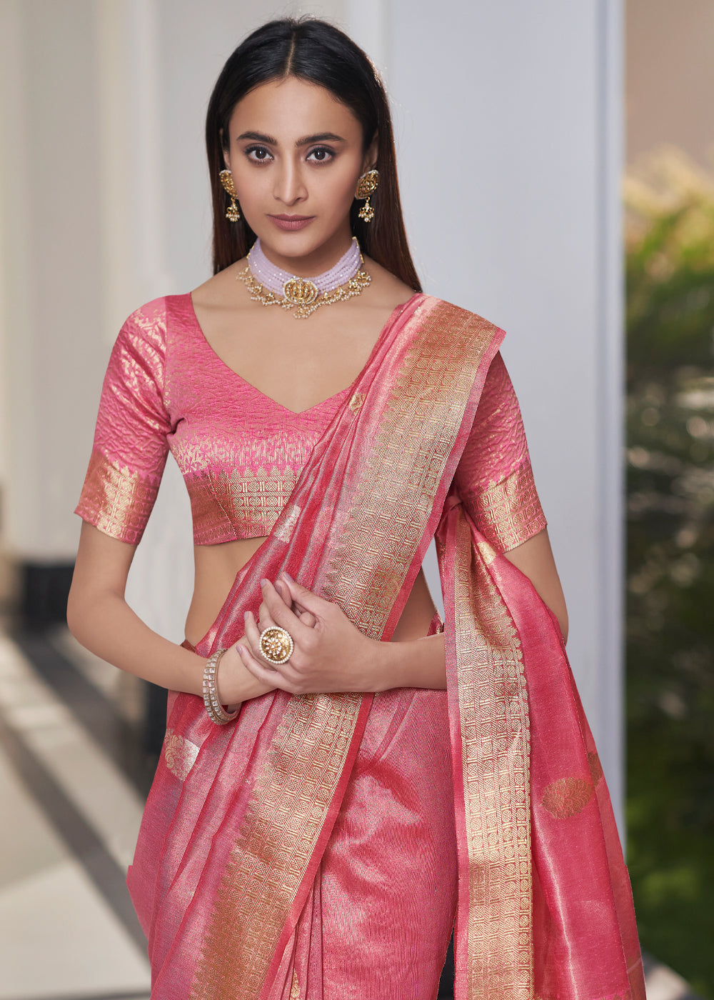 Buy MySilkLove Sundown Pink Zari Woven Tissue Banarasi Silk Saree Online