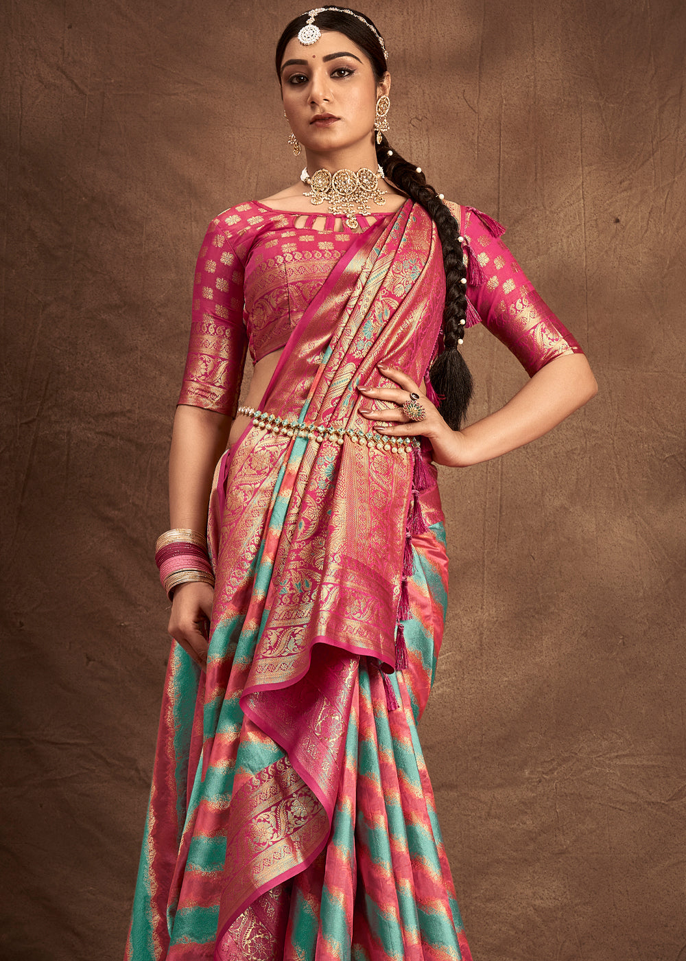 Buy MySilkLove Brick Pink and Blue Woven Rangkath Banarasi Silk Saree Online