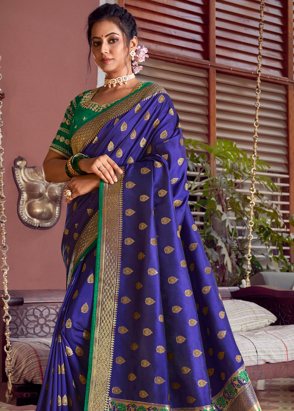 Buy MySilkLove Midnight Blue and Green Zari Woven Banarasi Brocade Saree Online